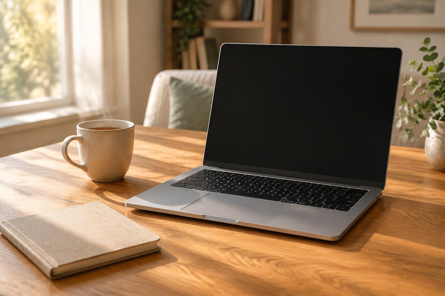 A laptop, a mug of tea and a notebook on a wooden table in morning light
