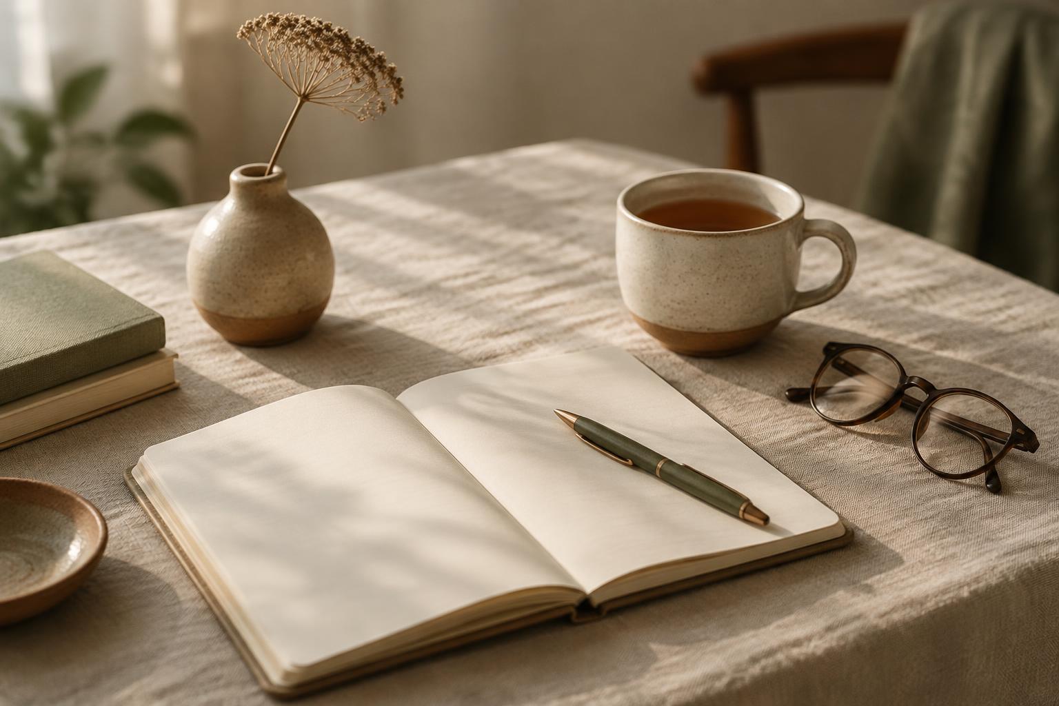 An open notebook, a cup of tea and reading glasses on a linen table