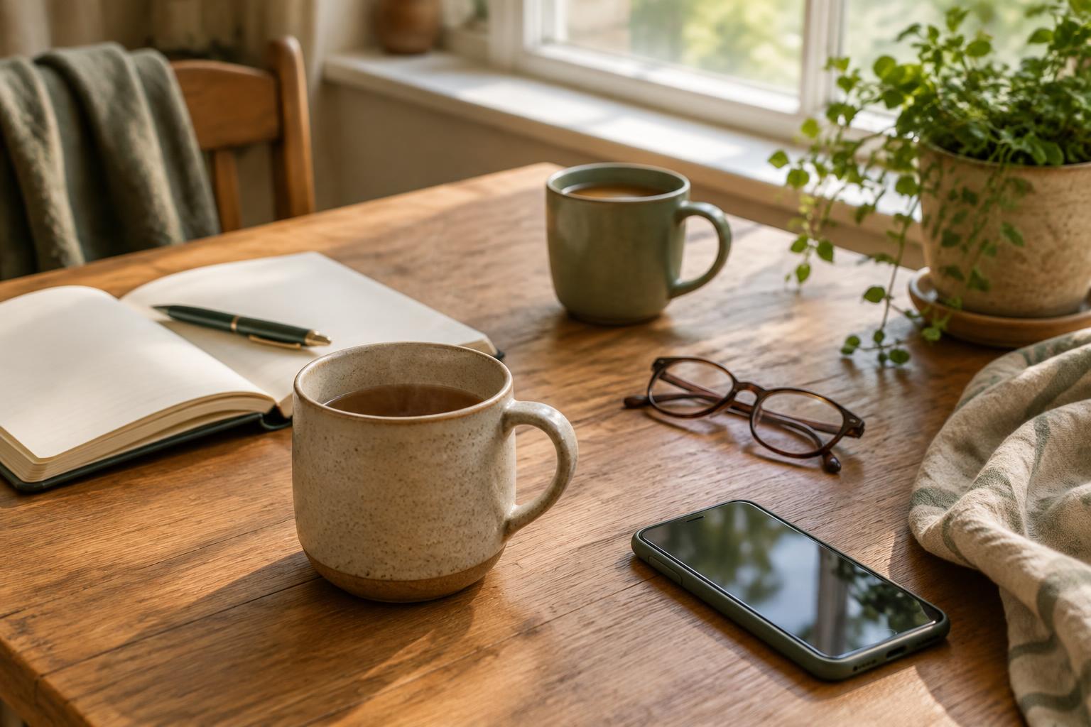 A wooden kitchen table beside a bright window: two mugs of tea, an open notebook and a phone, ready for a coaching session by phone